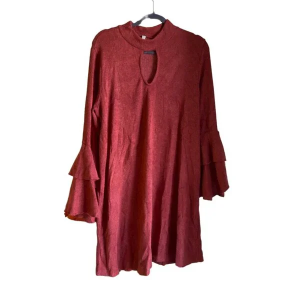 Burgundy Bell Sleeve Knee Length Dress Keyhole Sweater Dress 2xl 3xl - Picture 1 of 12